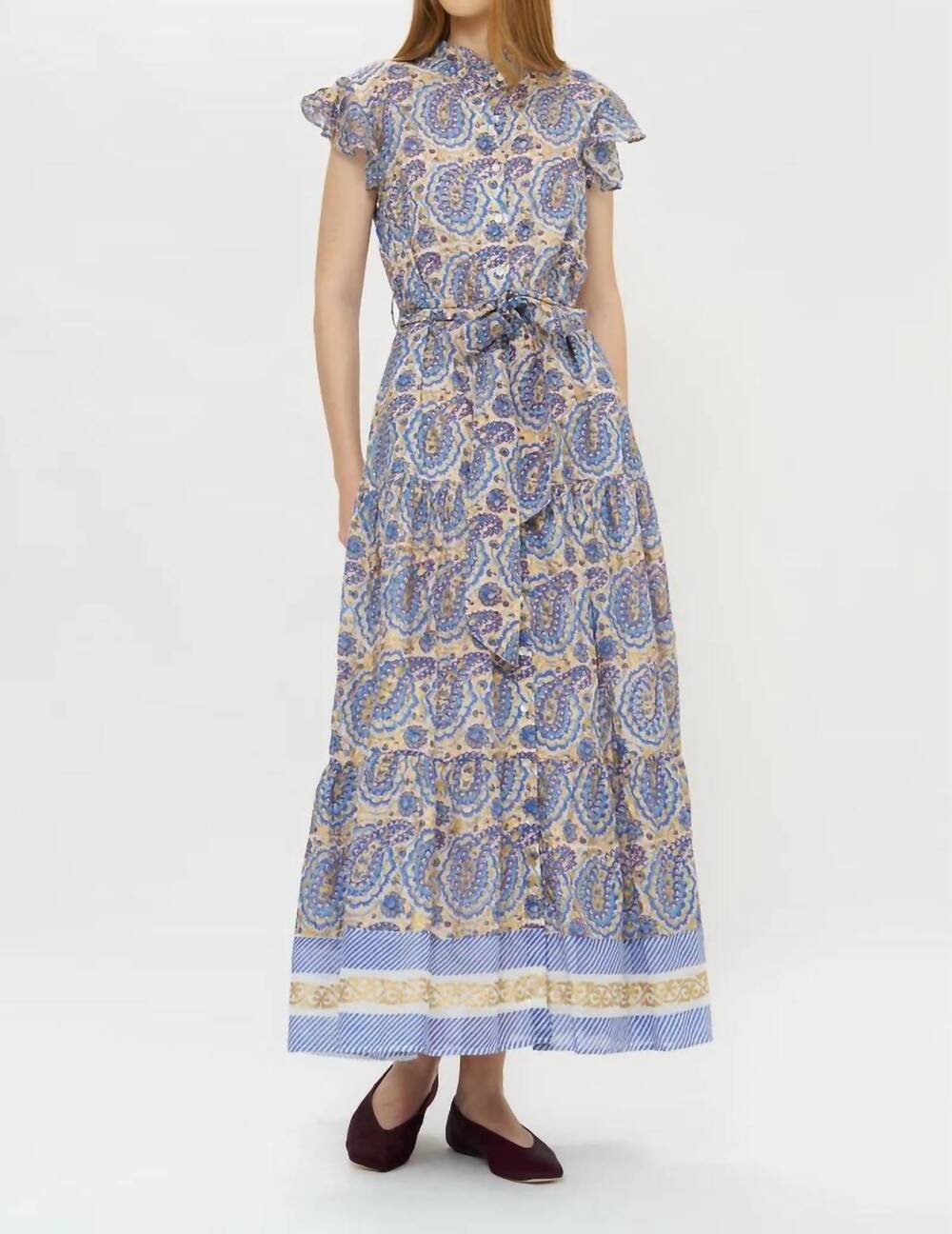 NEW OLIPHANT ruffle collar button maxi dress in izmir blue